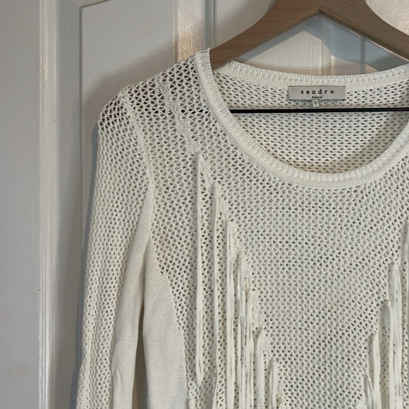 Sandro Paris | White Fringe Open Knit Sweater Size 1/small Western Festial Boho - Picture 4 of 12